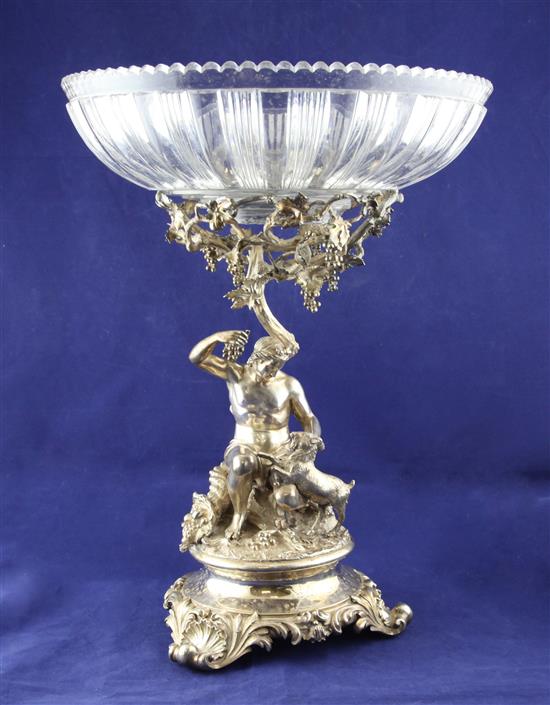 A good early Victorian silver centrepiece by John Samuel Hunt, with a fluted and panelled glass bowl, 73.5 oz.